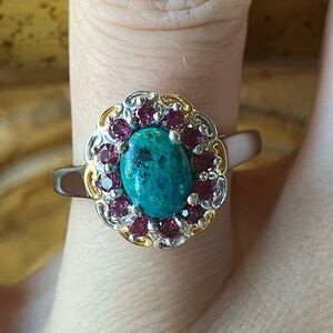 Natural Chrysocolla Orissa Garnet Sterling Silver Ring Size 7